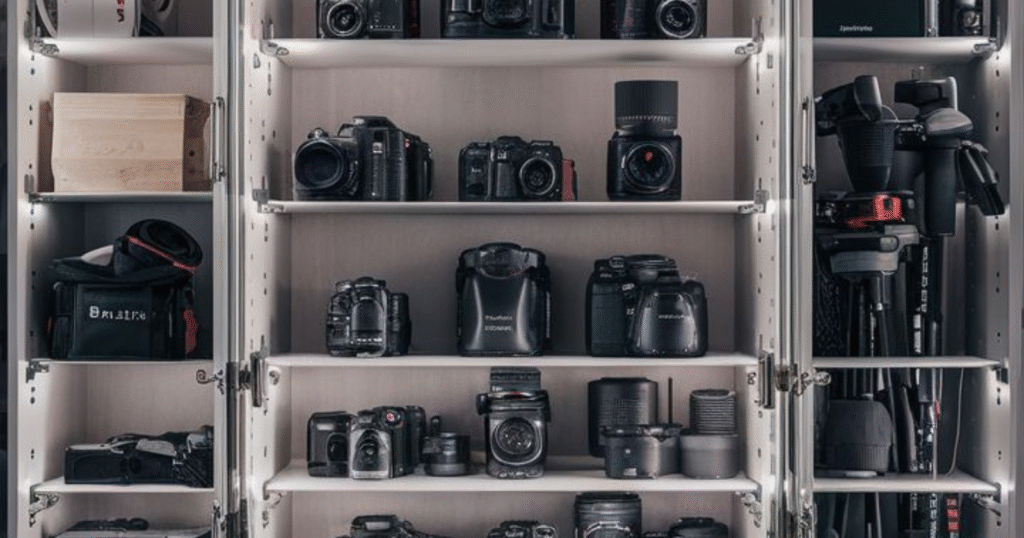 Close-up view of a DSLR camera with lens for professional photography