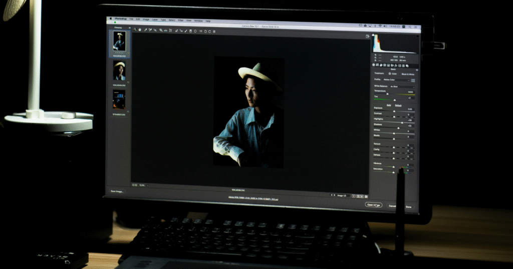Editing photos in Lightroom on a laptop to enhance color, contrast, and clarity after the best camera shoot.